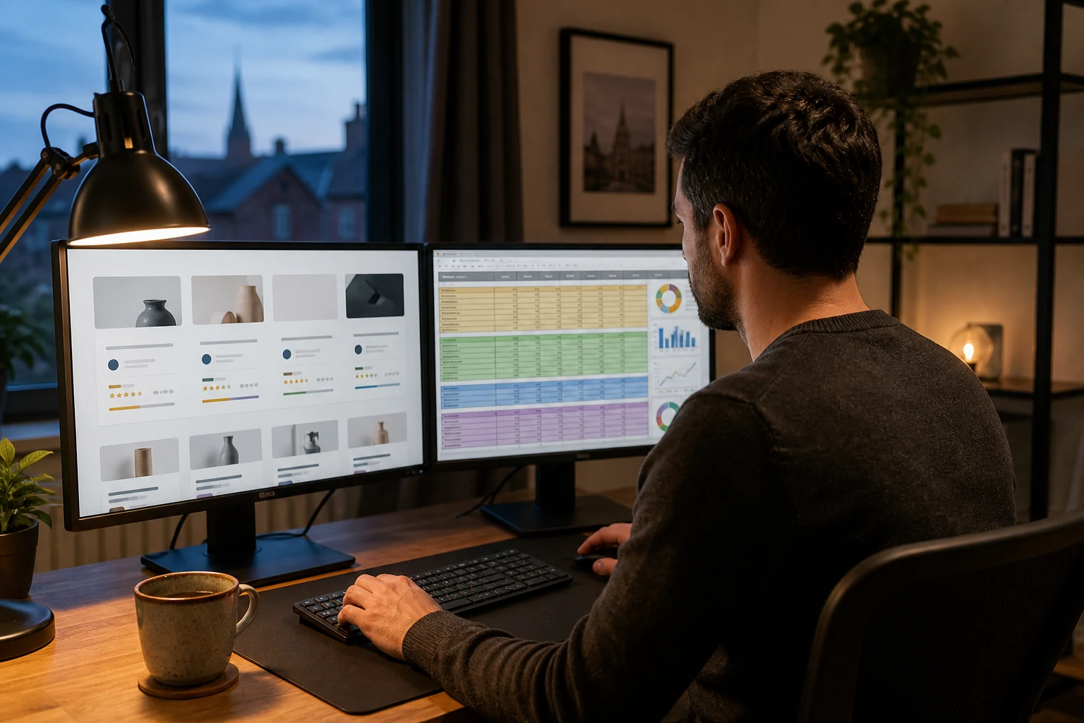 W-8BEN for affiliate marketers — an individual at a home office desk in Leicester with dual monitors, the left screen showing a product review and comparison blog, the right screen showing a spreadsheet tracking commission totals color-coded by affiliate network, warm desk lamp light, coffee cup nearby