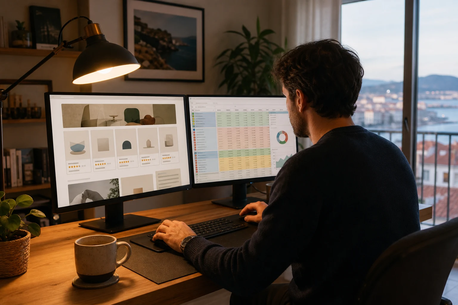 W-8BEN para afiliados — una persona en un escritorio de oficina en casa en Santander con dos monitores, la pantalla izquierda muestra un blog de comparativas y reseñas de productos, la pantalla derecha muestra una hoja de cálculo con el total de comisiones por red de afiliación en colores distintos, luz cálida de lámpara de escritorio, una taza de café cerca