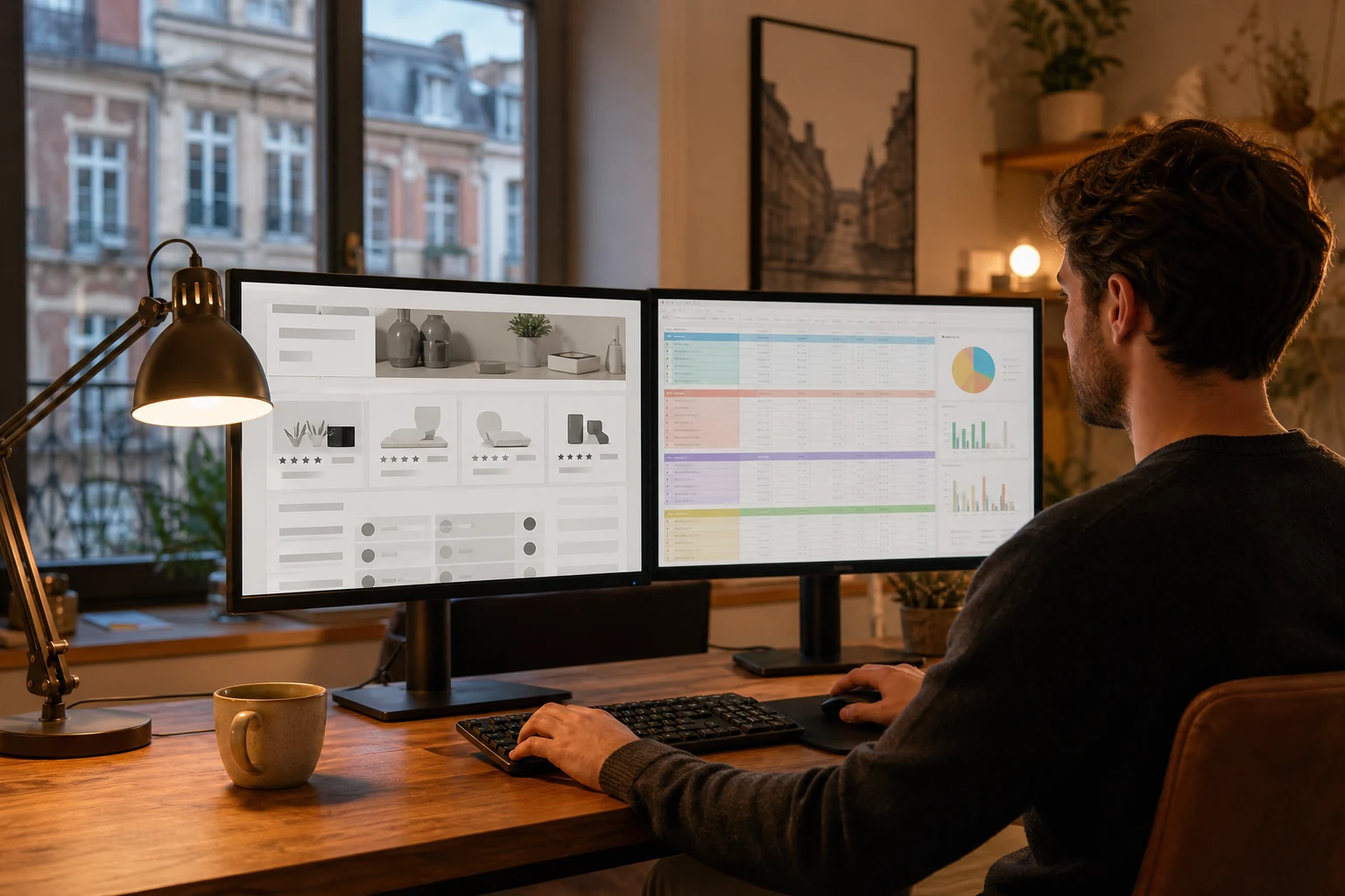 W-8BEN pour les affiliés — une personne à un bureau de home office à Lille avec deux écrans, l'écran de gauche affichant un blog de comparatifs et d'avis produits, l'écran de droite affichant un tableur récapitulant les commissions par réseau d'affiliation en couleurs distinctes, lumière chaude de lampe de bureau, tasse de café à proximité