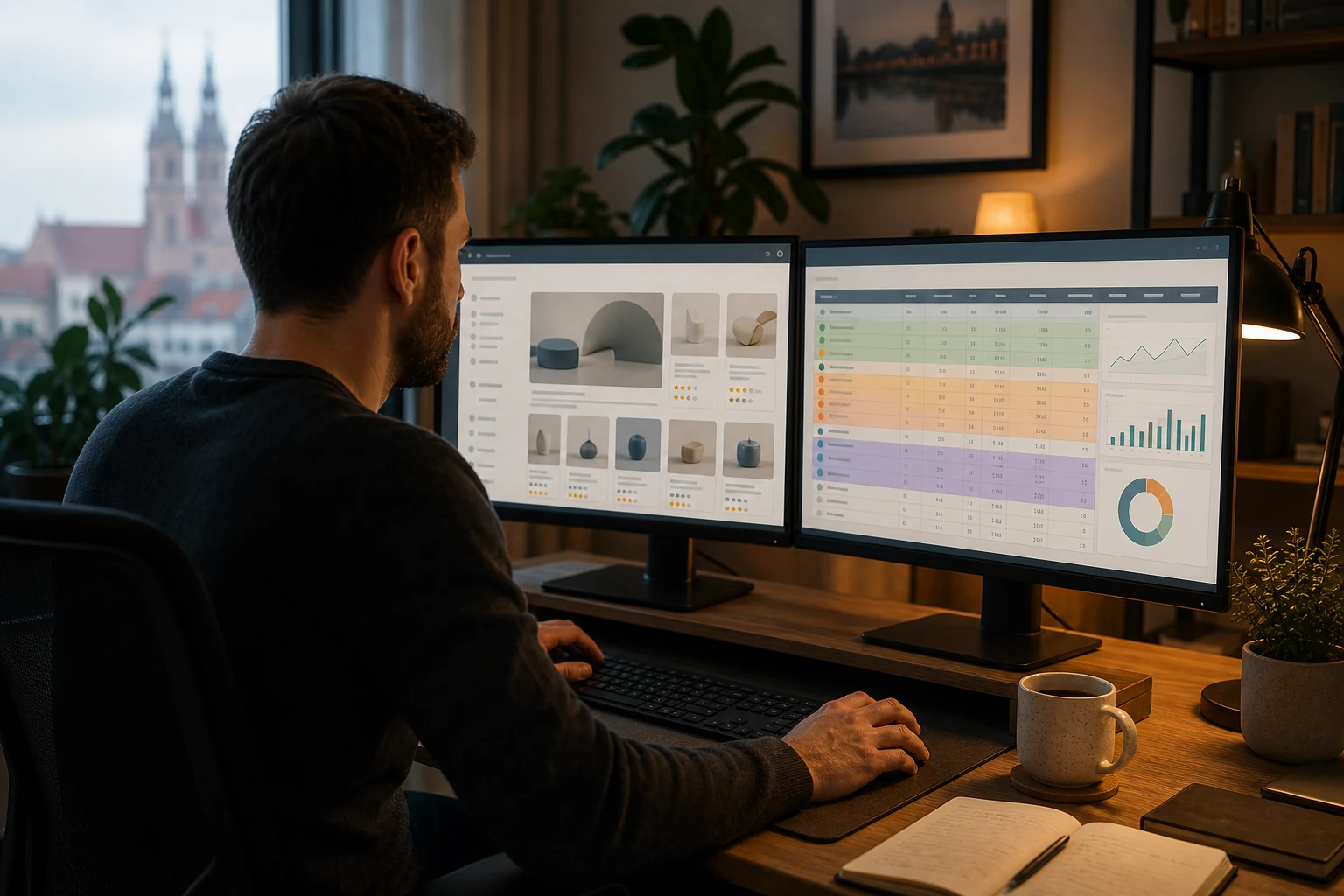 W-8BEN dla marketerów afiliacyjnych — osoba przy biurku w domowym biurze w Opolu z dwoma monitorami, lewy ekran pokazuje blog z porównaniami i recenzjami produktów, prawy ekran pokazuje arkusz kalkulacyjny z sumami prowizji pokolorowanymi według sieci afiliacyjnej, ciepłe światło lampki biurkowej, filiżanka kawy w pobliżu