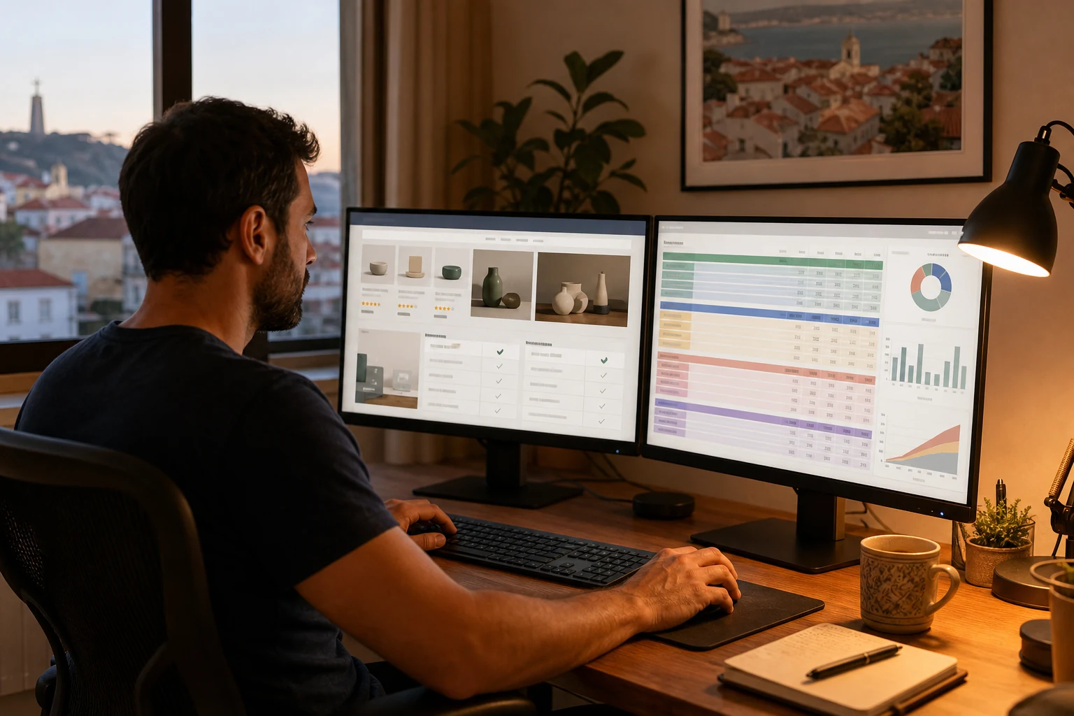 W-8BEN para afiliados — uma pessoa numa secretária de home office em Almada com dois monitores, o ecrã da esquerda mostrando um blog de comparações e análises de produtos, o ecrã da direita mostrando uma folha de cálculo com totais de comissões codificados por cor consoante a rede de afiliados, luz quente de candeeiro de secretária, uma chávena de café por perto
