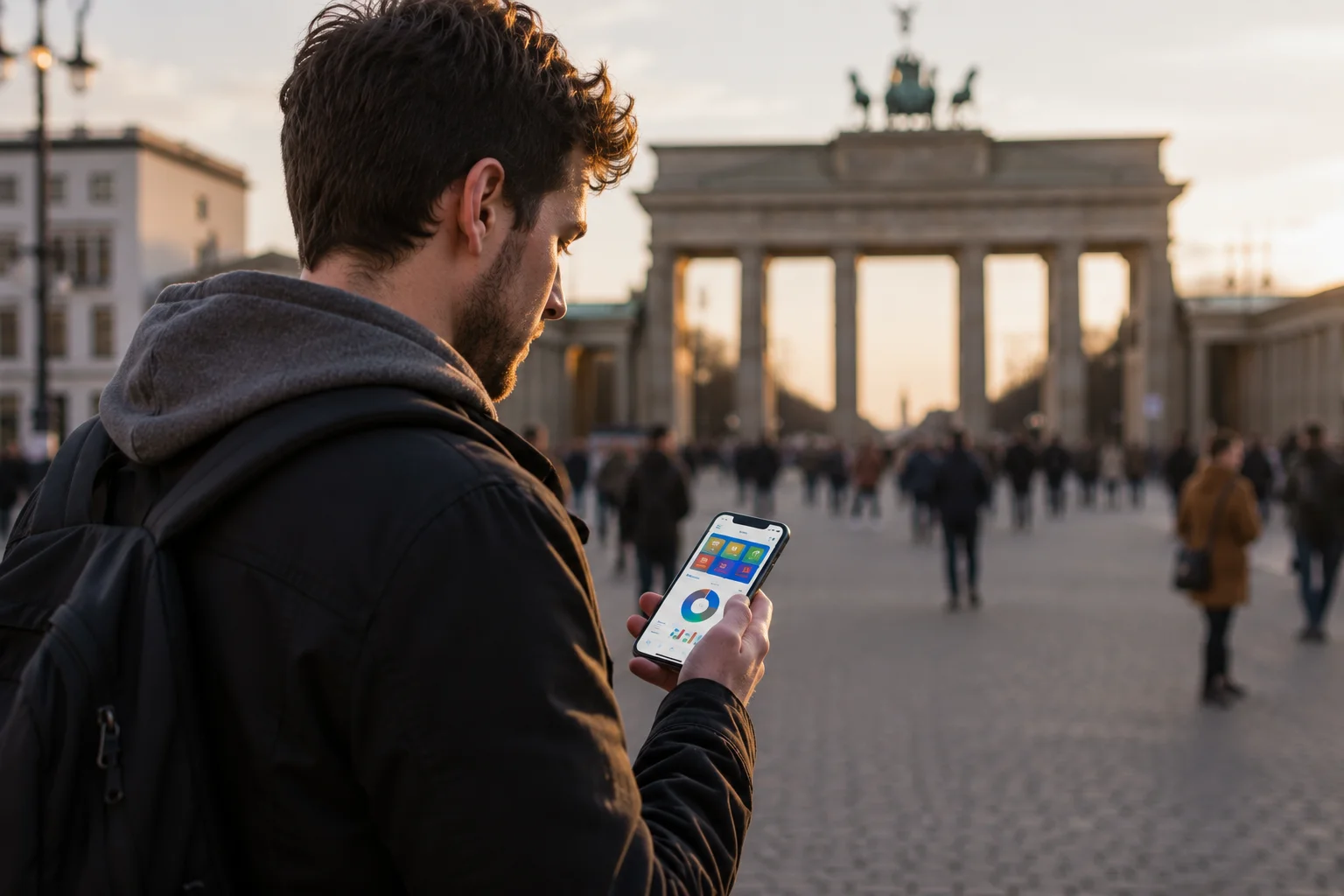 W-8BEN für App-Entwickler — ein Entwickler prüft App-Einnahmen auf dem Smartphone auf einer Berliner Straße, das Brandenburger Tor im Hintergrund