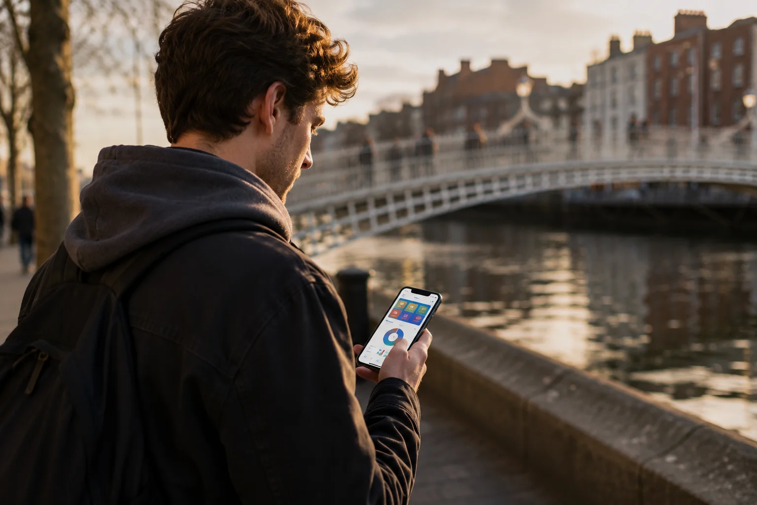 W-8BEN for app developers — a developer checking app revenue on their phone on a Dublin street, Ha'penny Bridge in the background