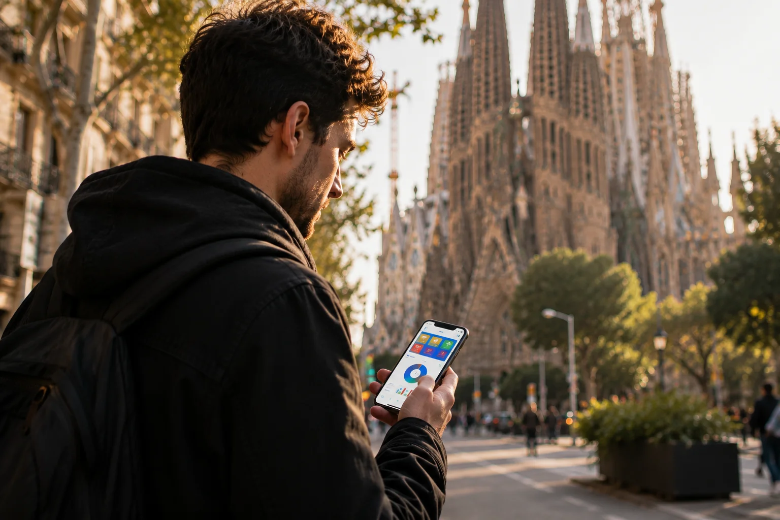 W-8BEN para desarrolladores de apps — un desarrollador revisa los ingresos de su app en el móvil por una calle de Barcelona, con la Sagrada Família al fondo