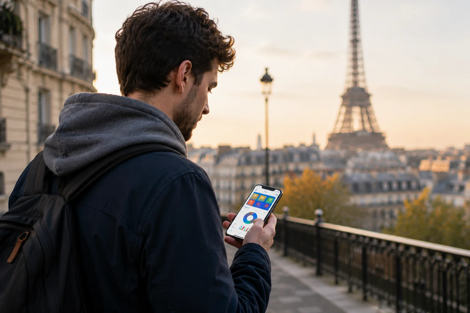 W-8BEN pour développeurs d'applications — un développeur consulte les revenus de son application sur son téléphone dans une rue parisienne, la tour Eiffel en arrière-plan