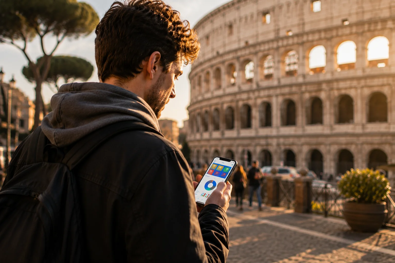 W-8BEN per sviluppatori di app — uno sviluppatore controlla i ricavi della sua app sullo smartphone per strada a Roma, con il Colosseo sullo sfondo