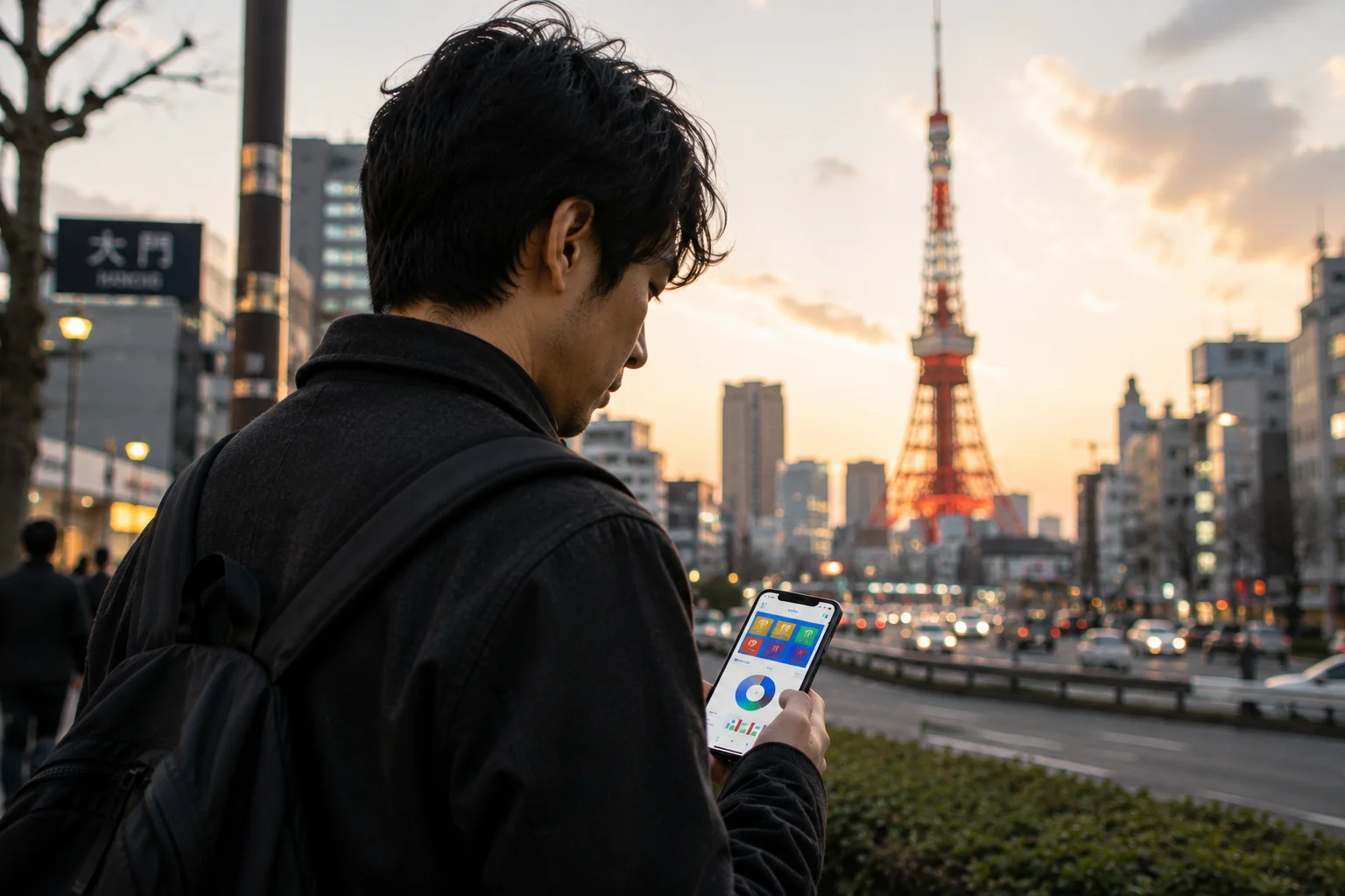 アプリ開発者向けW-8BEN — 東京の街中でスマートフォンのアプリ収益を確認する開発者、背景に東京タワー