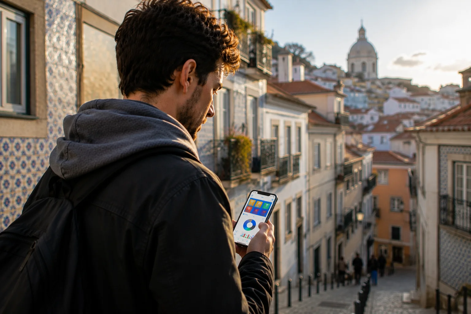 W-8BEN para programadores de apps — um programador verifica as receitas da app no telemóvel numa rua de Lisboa, no bairro de Alfama