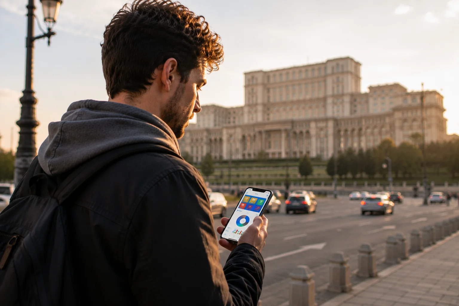 W-8BEN pentru dezvoltatori de aplicații — un dezvoltator verifică veniturile aplicației pe telefon pe o stradă din București, cu Palatul Parlamentului în fundal