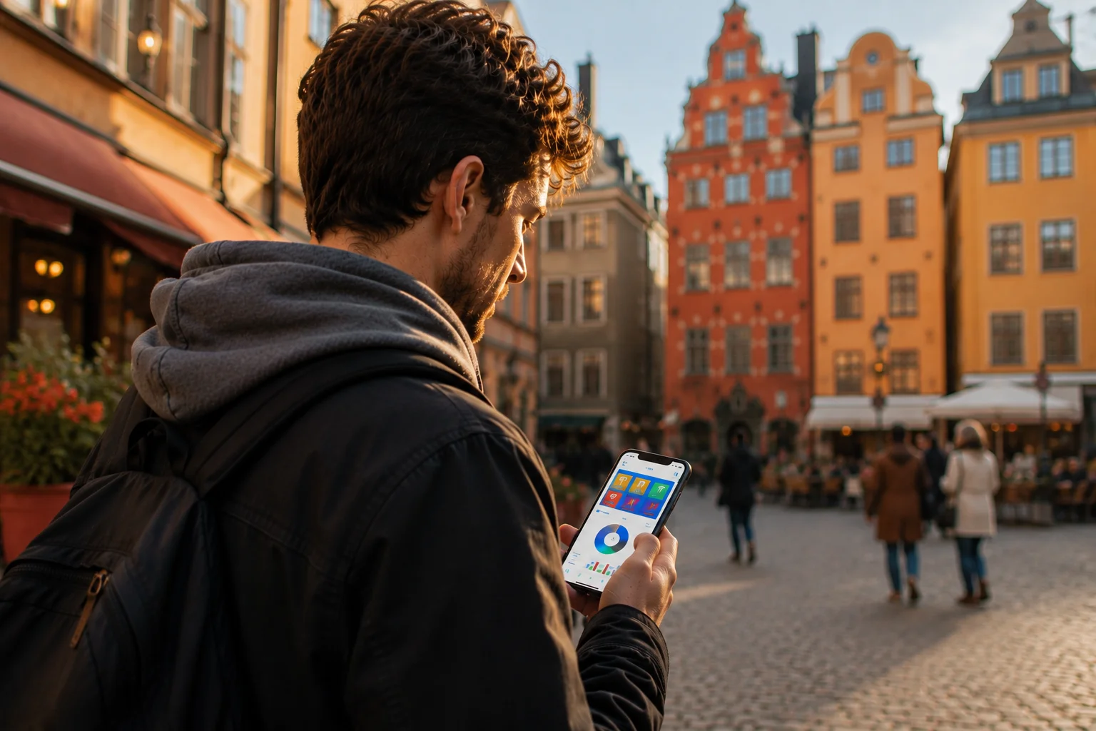 W-8BEN för apputvecklare — en utvecklare kollar appintäkter på telefonen på en gata i Stockholms Gamla stan