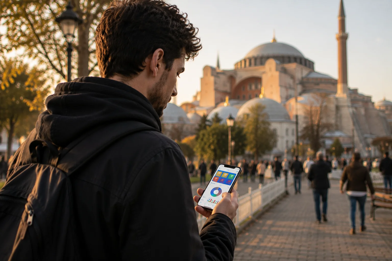 Uygulama geliştiriciler için W-8BEN — bir geliştirici İstanbul sokağında telefonundan uygulama gelirini kontrol ediyor, arka planda Ayasofya
