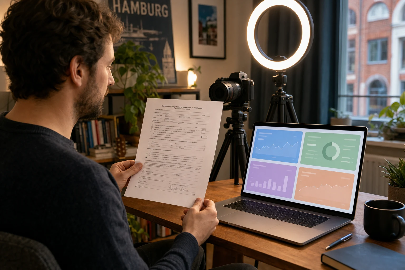 W-8BEN für Content Creator — eine Creatorin an einem Homestudio-Schreibtisch in Hamburg mit Ringlicht und Kamera auf Stativ, Laptop-Bildschirm zeigt ein Raster mit vier verschiedenen Plattform-Auszahlungs-Dashboards in gedeckten Farben, in der Hand ein ausgedrucktes W-8BEN-Formular, warmes Studiolicht