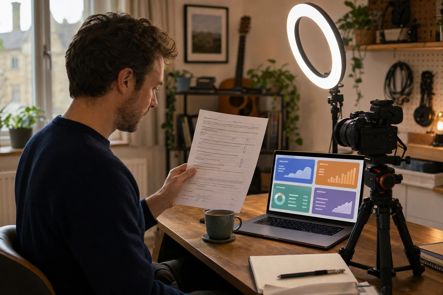 W-8BEN for content creators — a creator at a home studio desk in Oxford with a ring light and camera on a tripod, laptop screen showing a grid of four different platform payout dashboards in soft colors, holding a printed W-8BEN form, warm studio lighting
