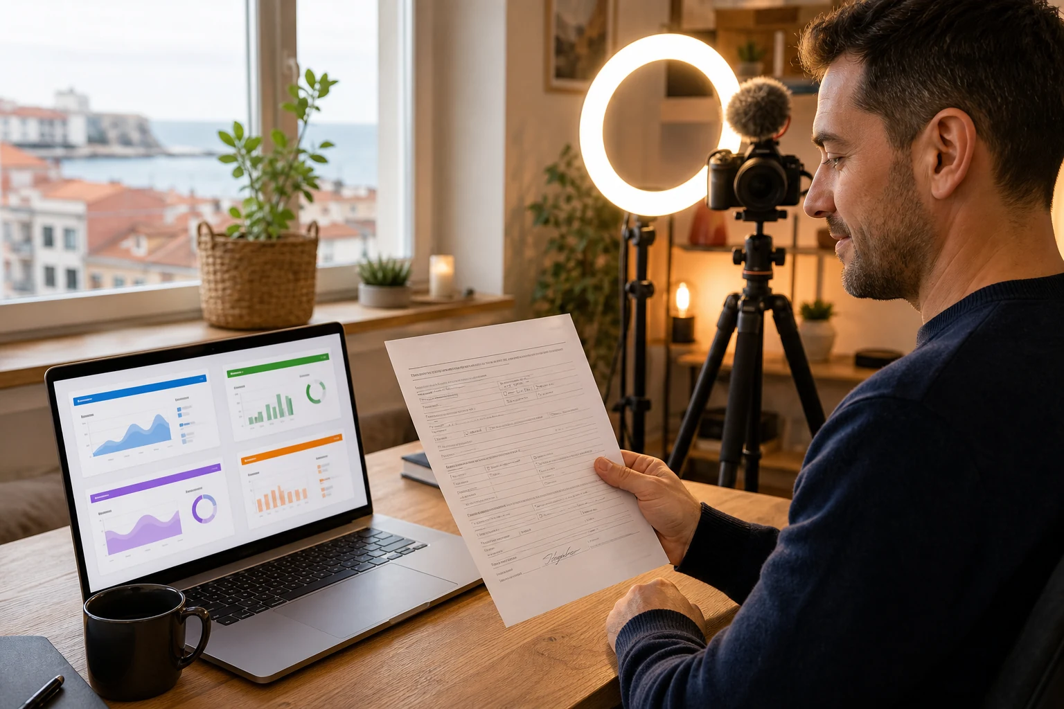 W-8BEN para creadores de contenido — una creadora en un escritorio de estudio casero en Gijón con un aro de luz y una cámara en trípode, la pantalla del portátil muestra una cuadrícula con cuatro paneles de pago de distintas plataformas en colores suaves, sosteniendo un formulario W-8BEN impreso, iluminación cálida de estudio