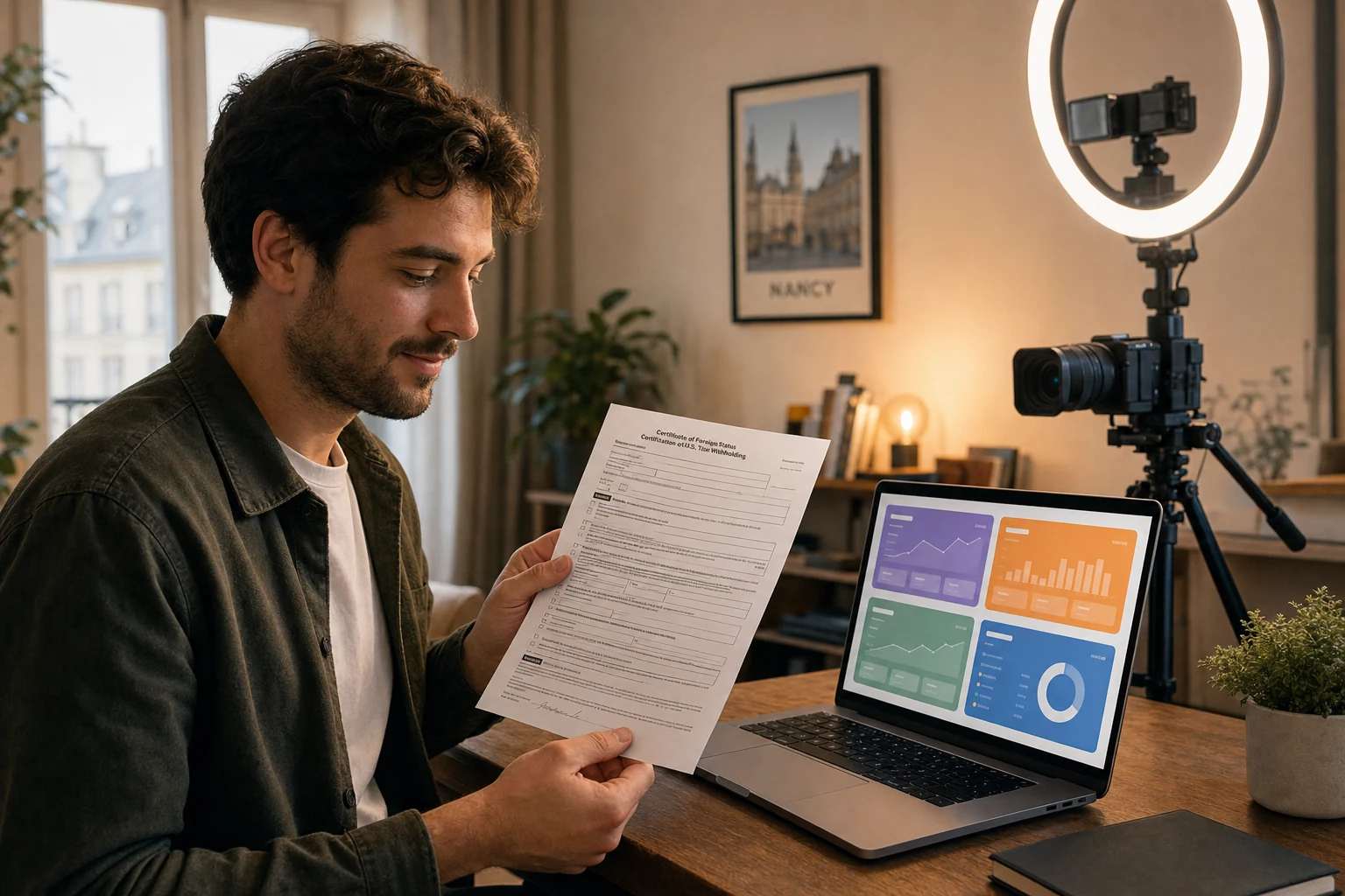 W-8BEN pour les créateurs de contenu — une créatrice à un bureau de home studio à Nancy avec un anneau lumineux et une caméra sur trépied, l'écran de l'ordinateur portable affichant une grille de quatre tableaux de bord de paiement différents en couleurs douces, tenant un formulaire W-8BEN imprimé, éclairage chaud de studio