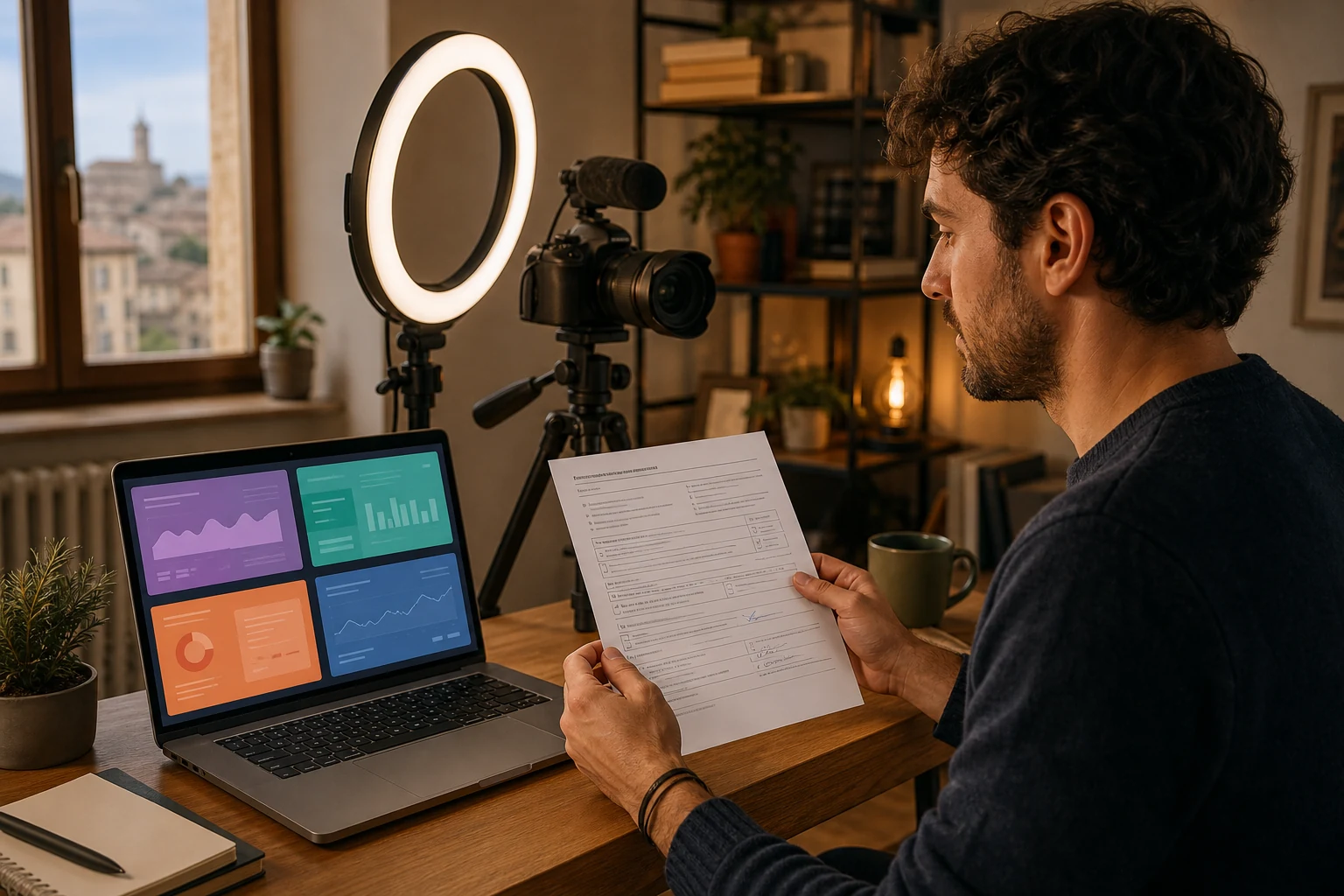 W-8BEN per content creator — una creator a una scrivania da home studio a Perugia con un ring light e una fotocamera su treppiede, lo schermo del laptop mostra una griglia con quattro dashboard di pagamento di piattaforme diverse in colori tenui, con in mano un modulo W-8BEN stampato, illuminazione calda da studio