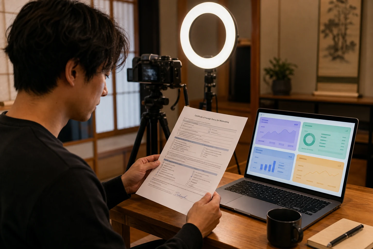 コンテンツクリエイター向けW-8BEN — 京都の自宅スタジオのデスクでリングライトと三脚に固定したカメラを前にしたクリエイター、ノートパソコンの画面には4つの異なるプラットフォームの支払いダッシュボードが落ち着いた色調のグリッドで表示され、印刷したW-8BENフォームを手に持ち、温かいスタジオ照明の下にいる