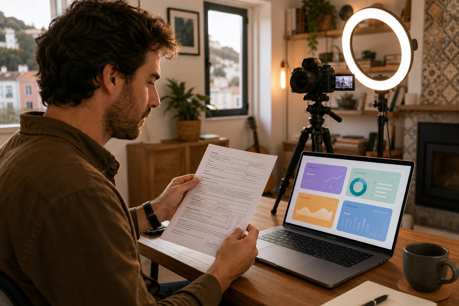 W-8BEN para criadores de conteúdo — uma criadora numa secretária de estúdio caseiro em Sintra com um ring light e uma câmara em tripé, o ecrã do portátil mostrando uma grelha com quatro painéis de pagamento de plataformas diferentes em cores suaves, segurando um formulário W-8BEN impresso, iluminação quente de estúdio