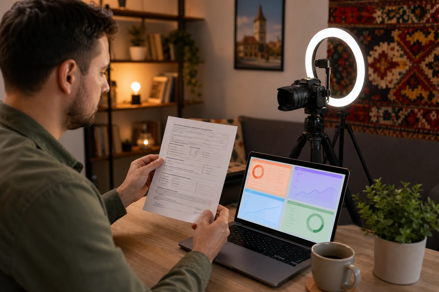 W-8BEN pentru creatori de conținut — o creatoare la un birou de home studio din Satu Mare cu un inel de lumină și o cameră pe trepied, ecranul laptopului afișând o grilă cu patru panouri de plată de pe platforme diferite în culori estompate, ținând un formular W-8BEN tipărit, iluminare caldă de studio