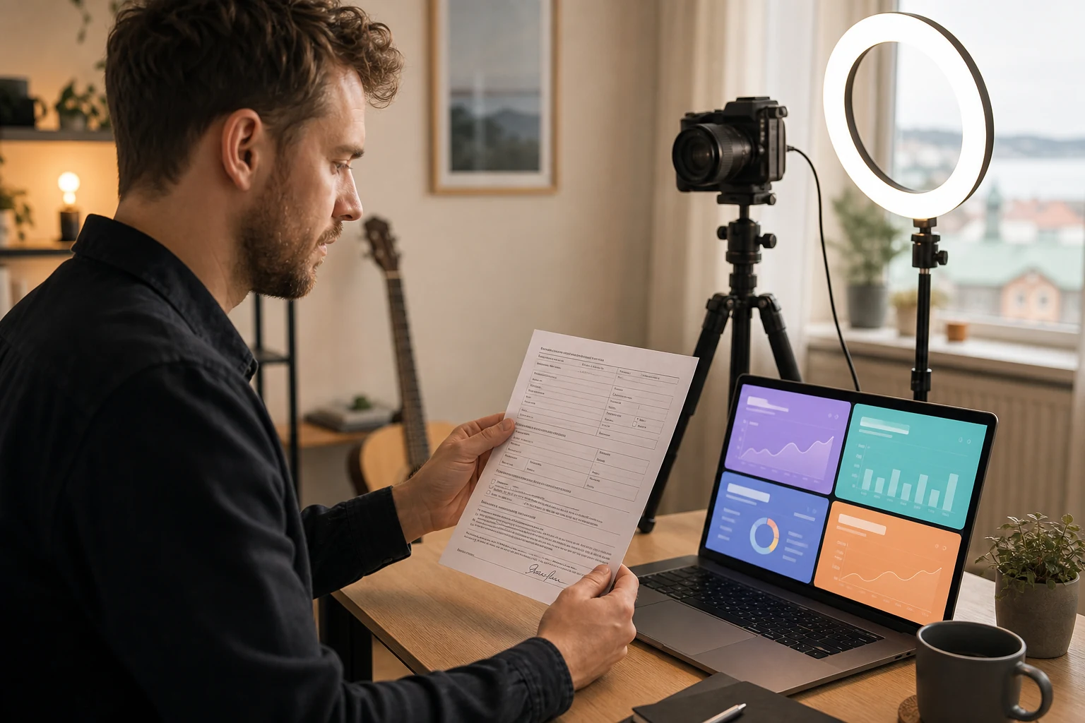 W-8BEN för innehållsskapare — en skapare vid ett hemmastudioskrivbord i Sundsvall med ringljus och kamera på stativ, laptopskärmen visar ett rutnät med fyra olika utbetalningspaneler från olika plattformar i dova färger, håller ett utskrivet W-8BEN-formulär, varmt studioljus