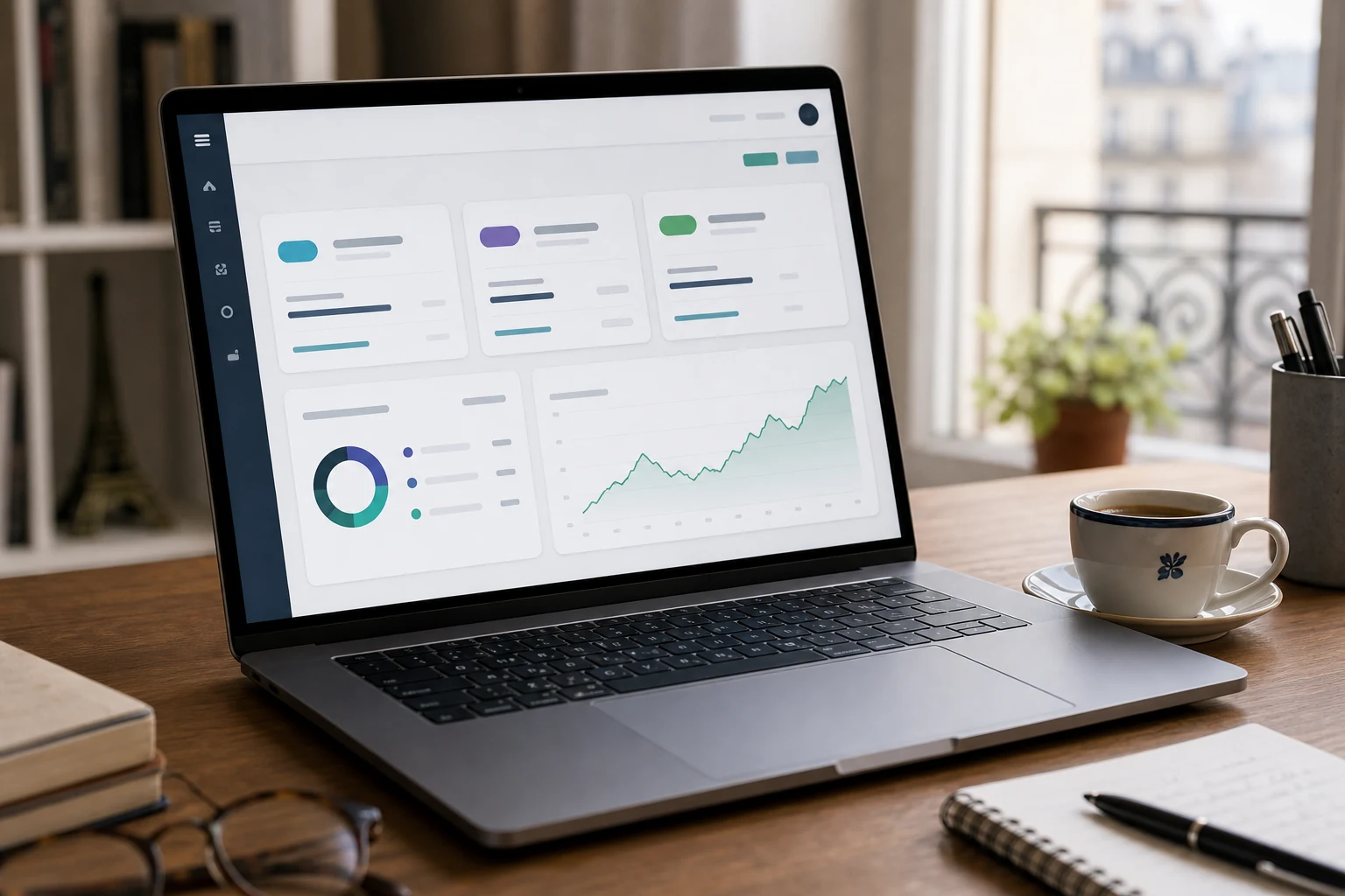 Investisseur français consultant les dividendes d'actions américaines et le formulaire IRS W-8BEN sur un tableau de bord