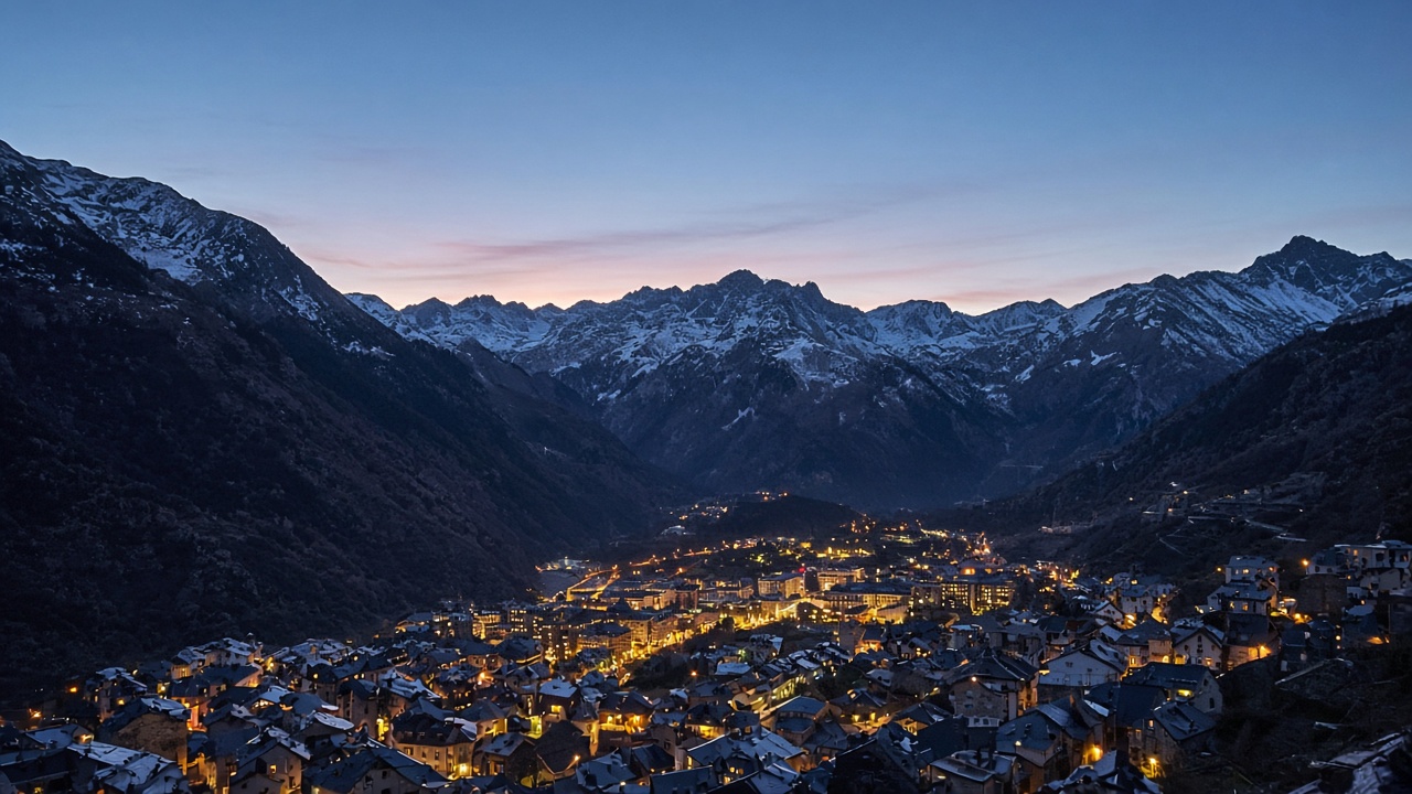 Valle de Andorra la Vella con picos de los Pirineos al anochecer, sin texto legible