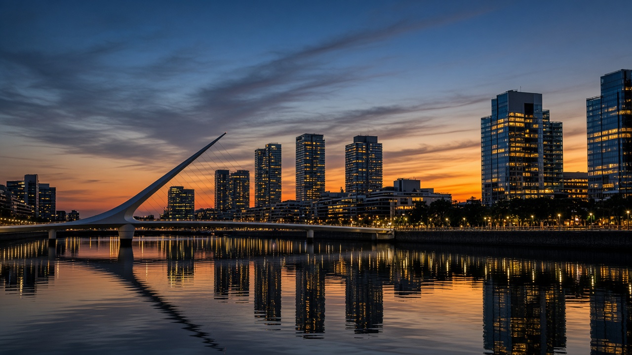 Puente de Puerto Madero y el horizonte de Buenos Aires al anochecer, sin texto legible