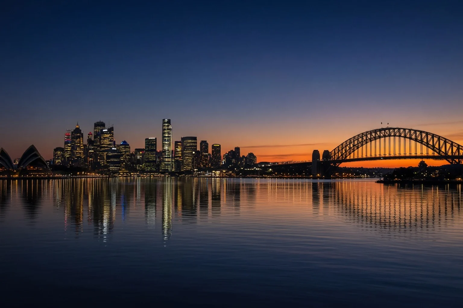 Sydney Harbour skyline at dusk seen from the water, no people, no readable text, no screens
