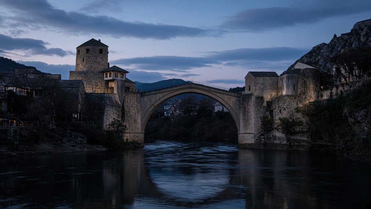 Stari Most and the Neretva at dusk, no readable text