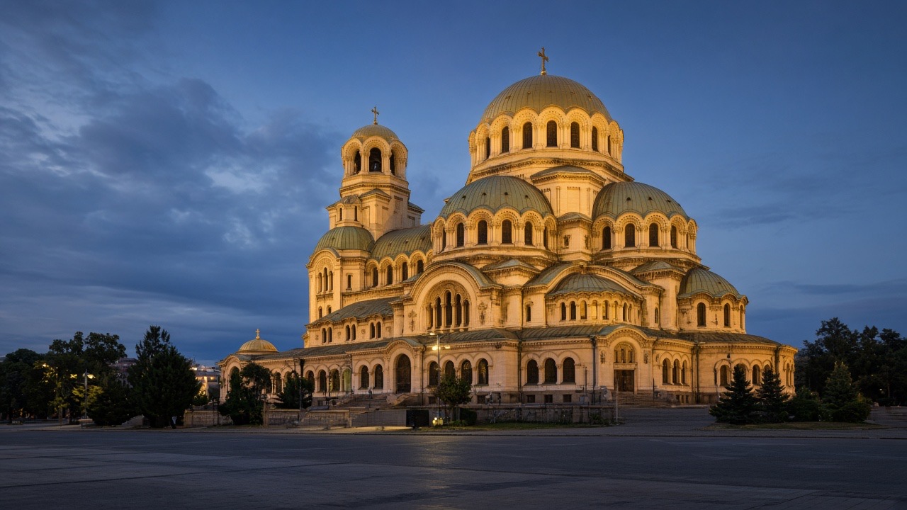 Alexander Nevsky cathedral in Sofia at dusk, no readable text
