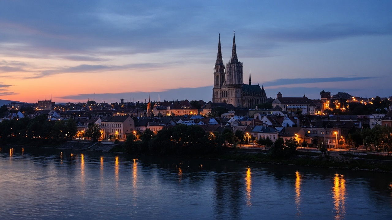 Zagreb cathedral and the Sava at dusk, no people, no readable text