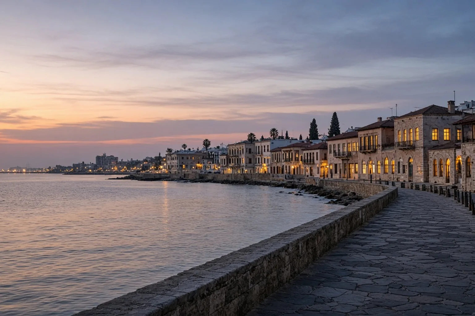 Limassol seafront and the old town at dusk, no people, no readable text
