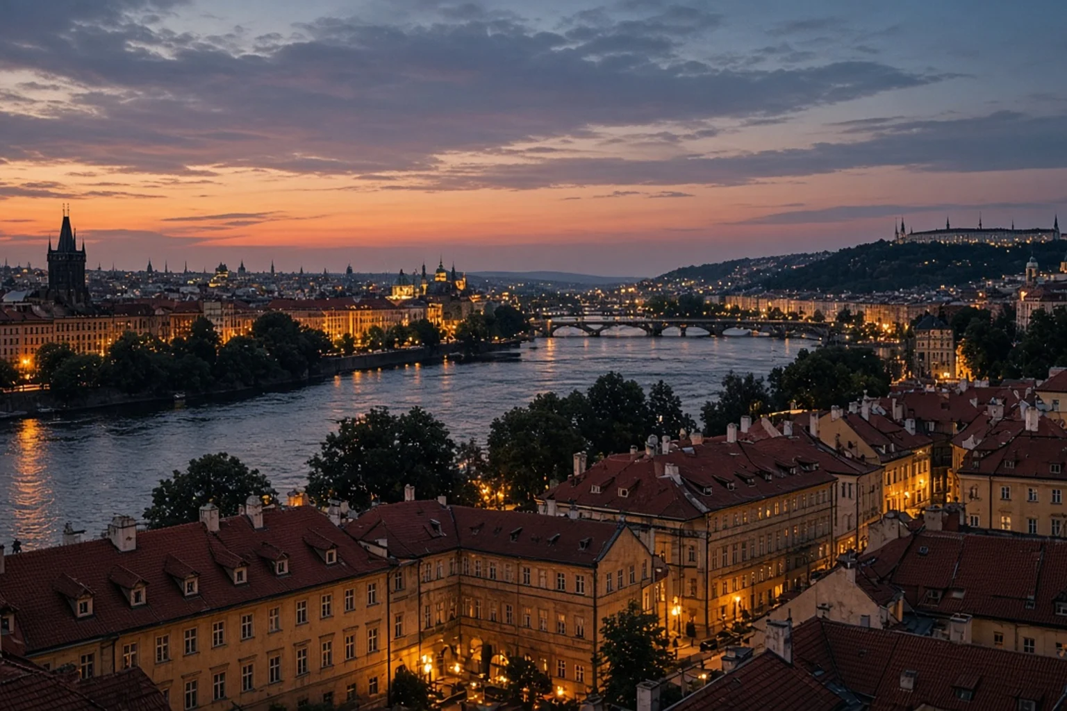 Prague rooftops and the river at dusk, no people, no readable text, no screens