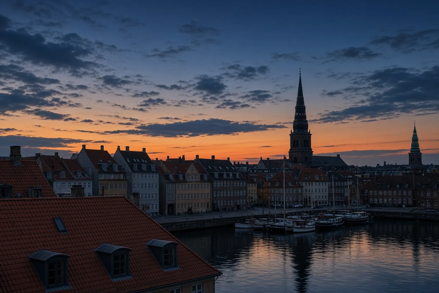 Copenhagen harbor and tiled rooftops at dusk, no people, no readable text, no screens