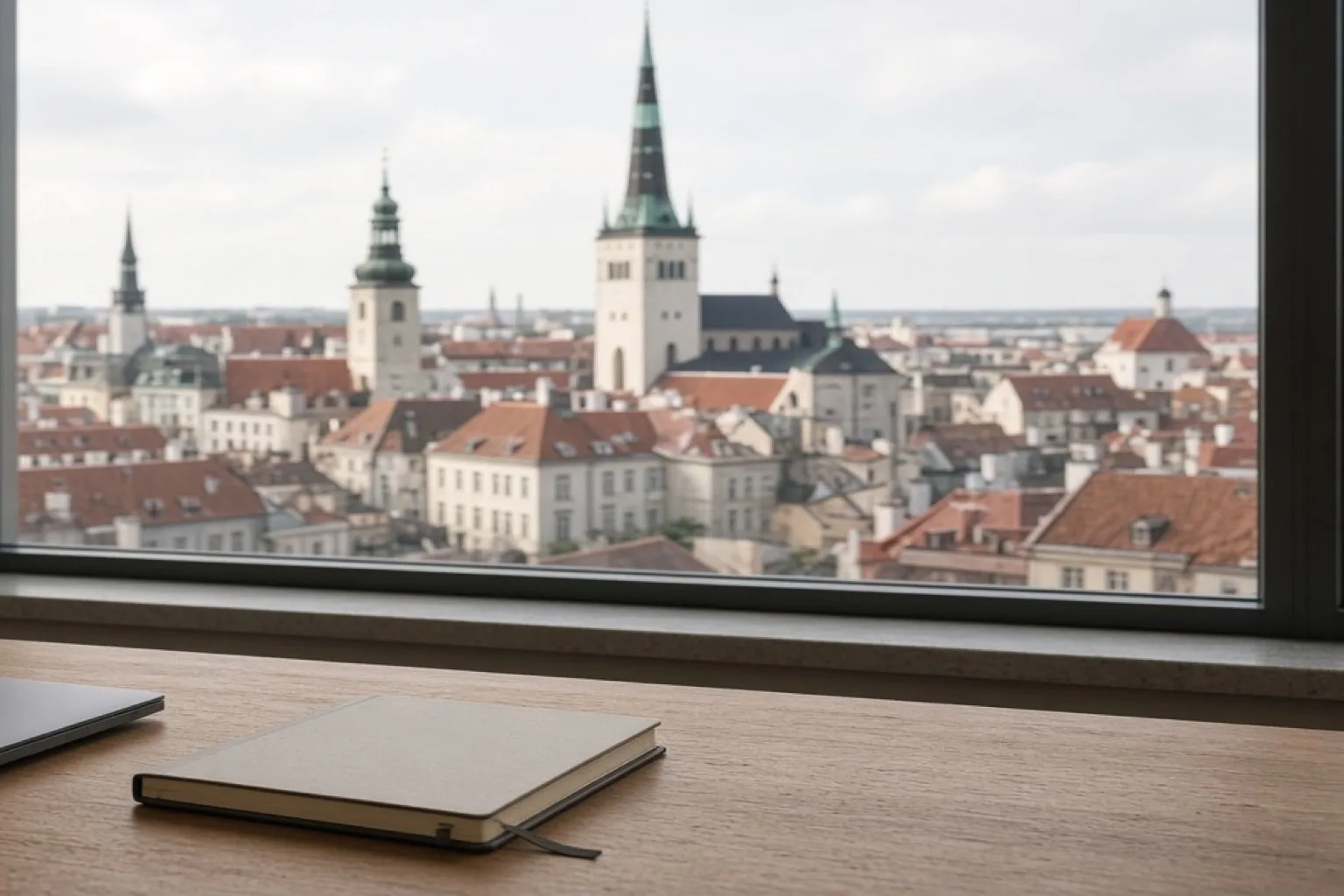 Tallinn Old Town rooftops seen through a modern office window