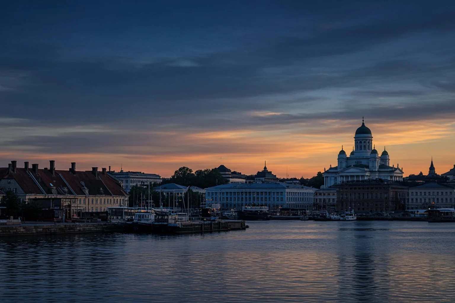 Helsinki harbor and rooftops at dusk, no people, no readable text, no screens