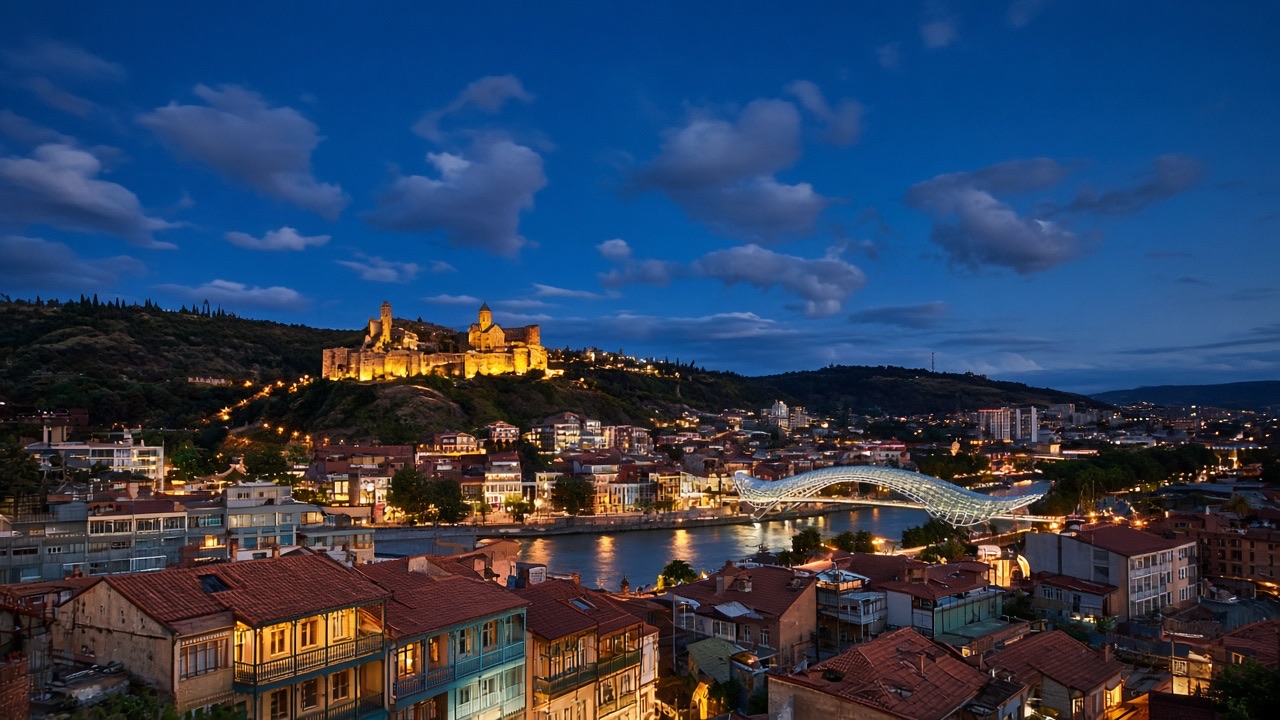 Tbilisi old town and Narikala fortress at dusk, with no readable text