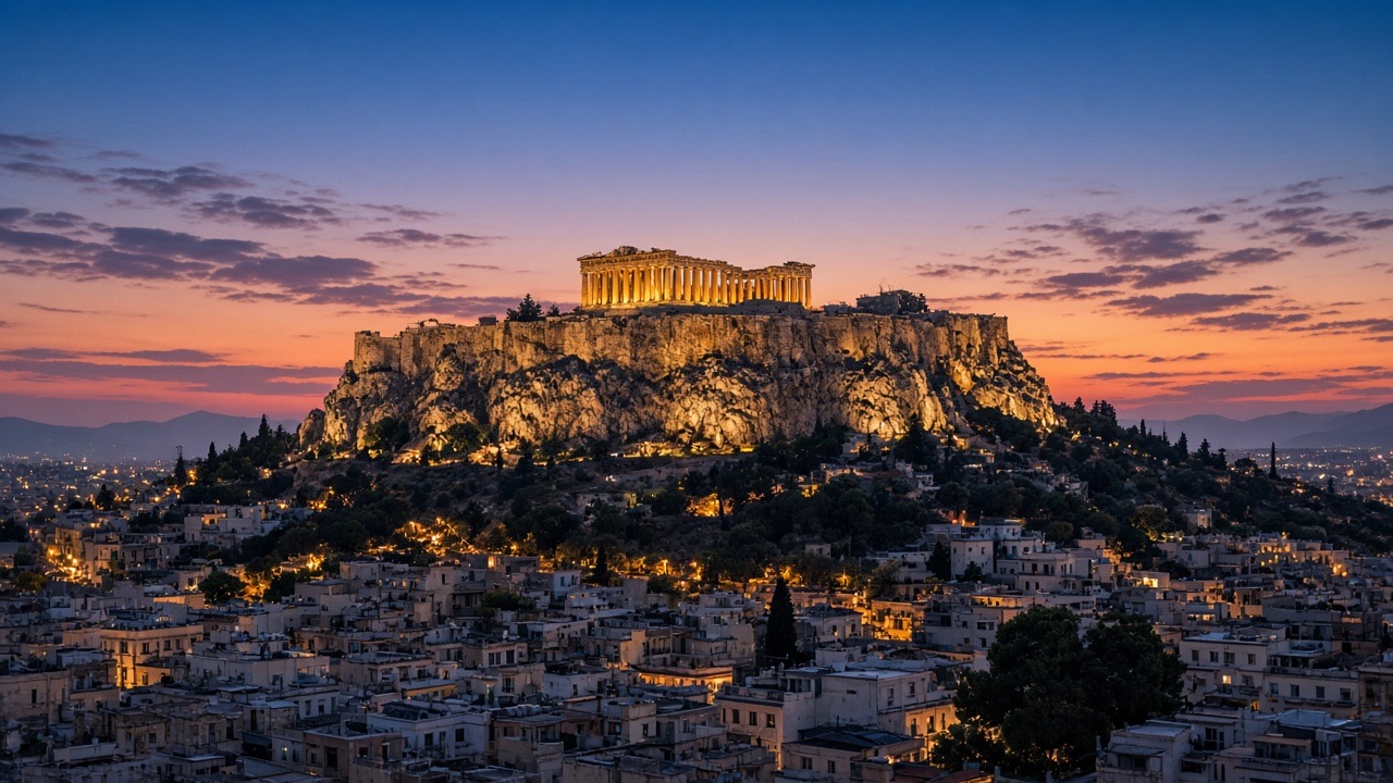 The Acropolis above Athens at dusk, no people, no readable text