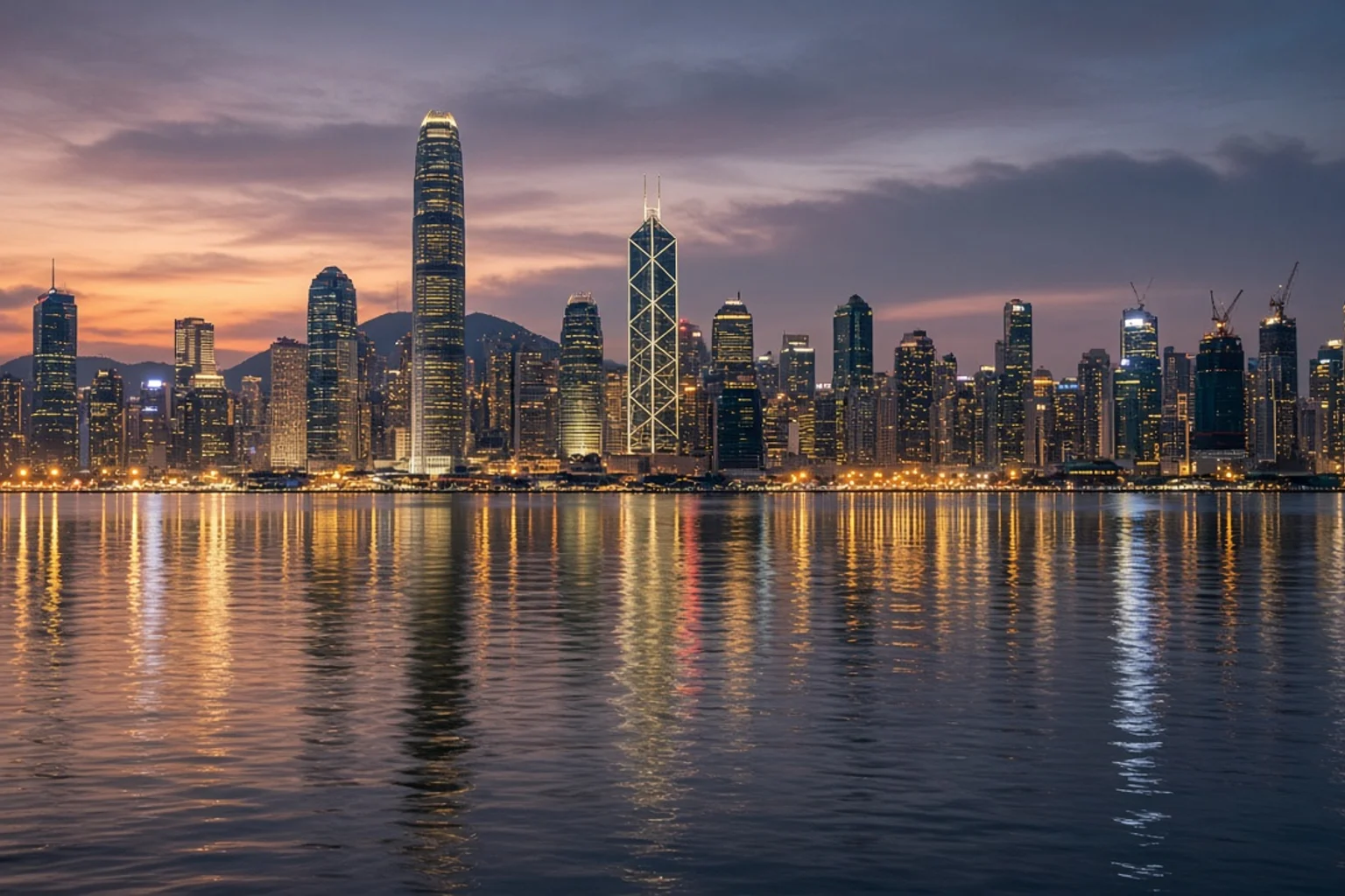 Victoria Harbour skyline at dusk seen from the water, no people