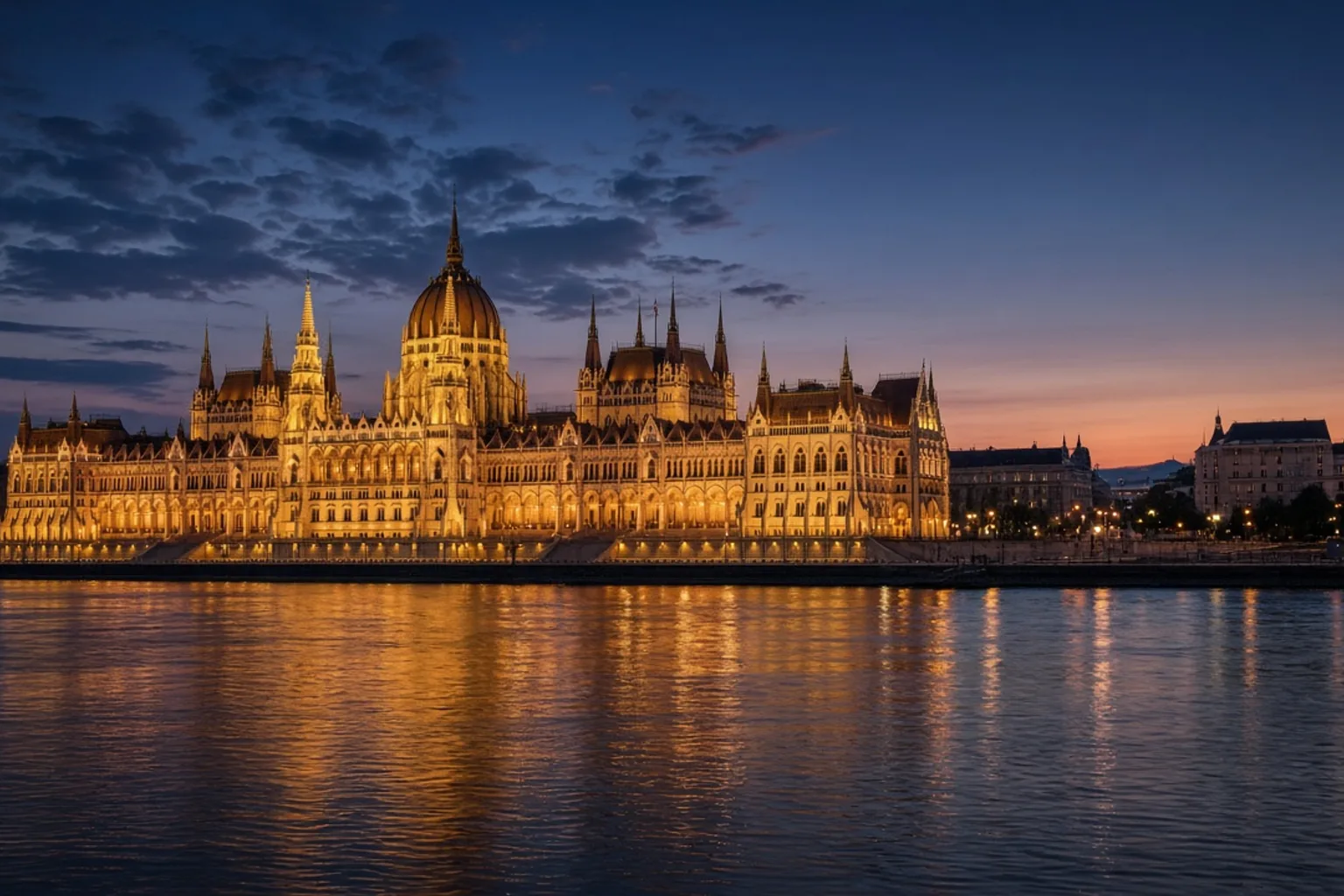 Budapest parliament and the Danube at dusk, no people, no readable text