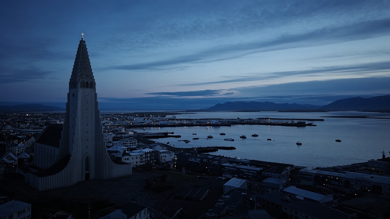Hallgrimskirkja and the Reykjavik harbor at dusk, no readable text