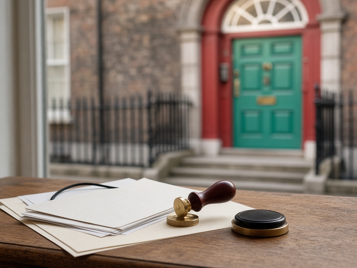 Irish company documents and seal still life with a Dublin Georgian doorway in the background