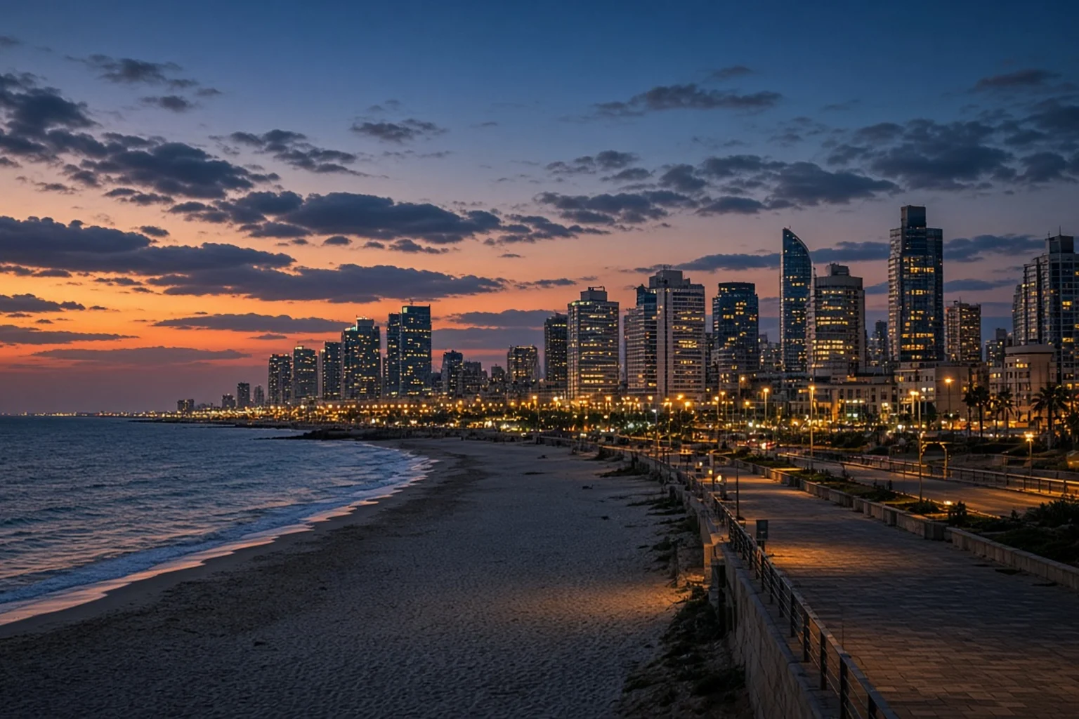 Tel Aviv skyline along the Mediterranean coast at dusk, no people, no readable text, no screens