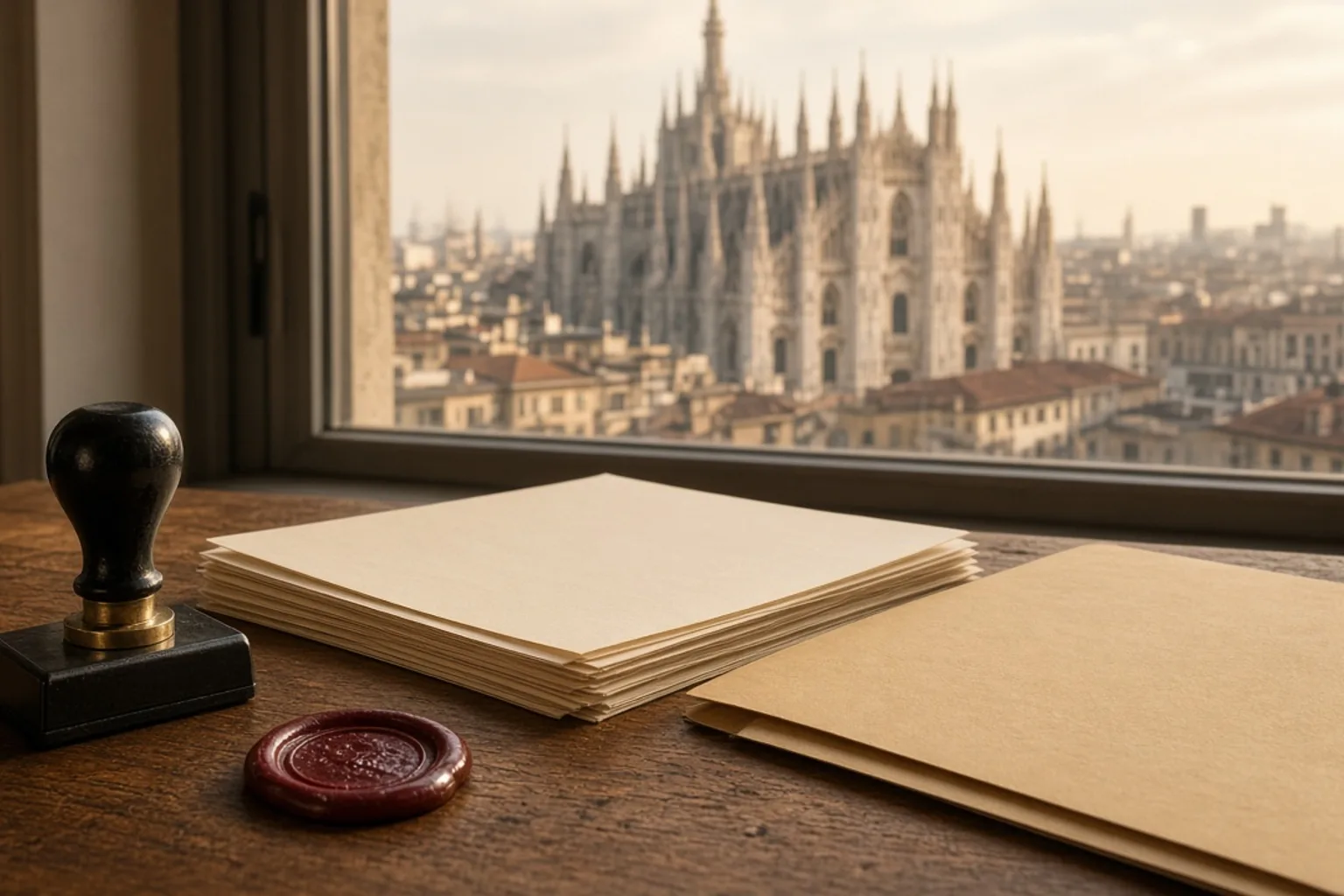 Timbro di societa italiana e documenti vuoti, skyline di Milano dalla finestra, senza persone