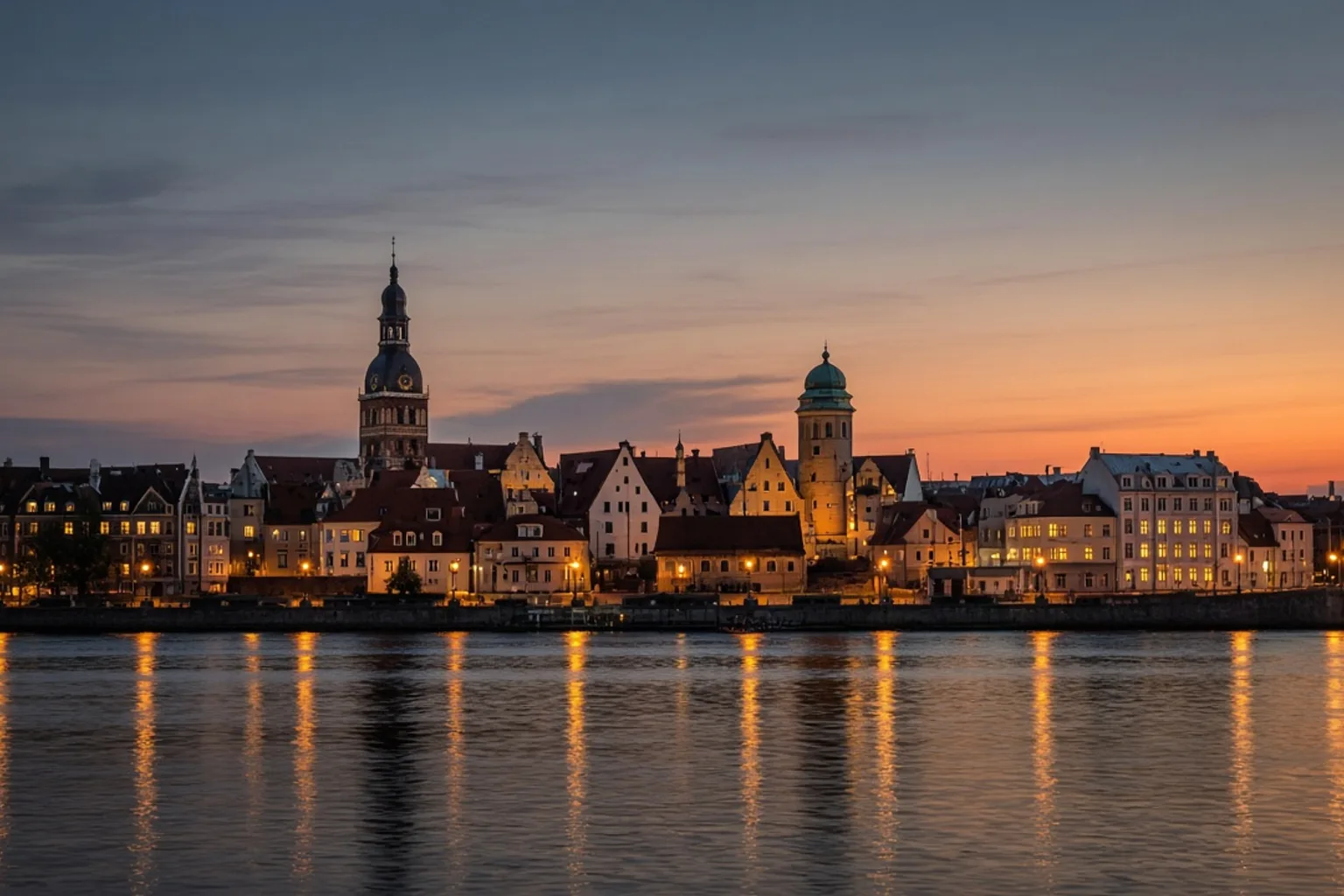 Riga old town and the Daugava at dusk, no people, no readable text
