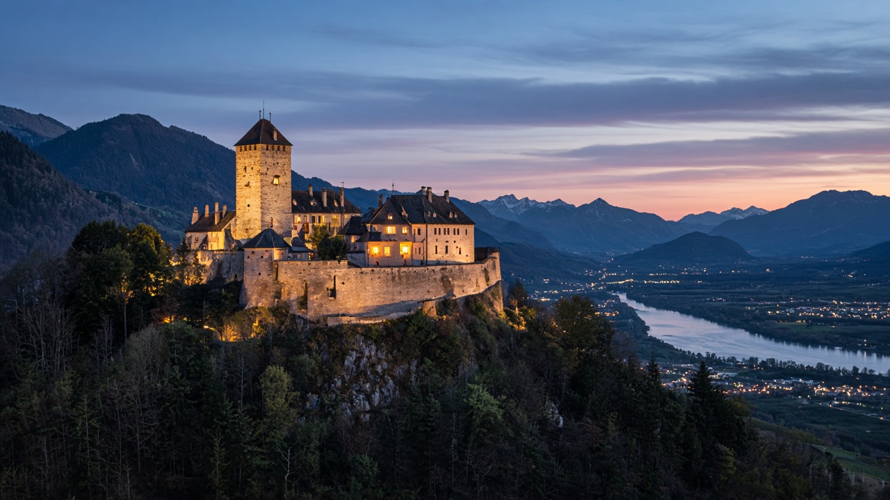 Schloss Vaduz über dem Rheintal in der Dämmerung, ohne lesbaren Text