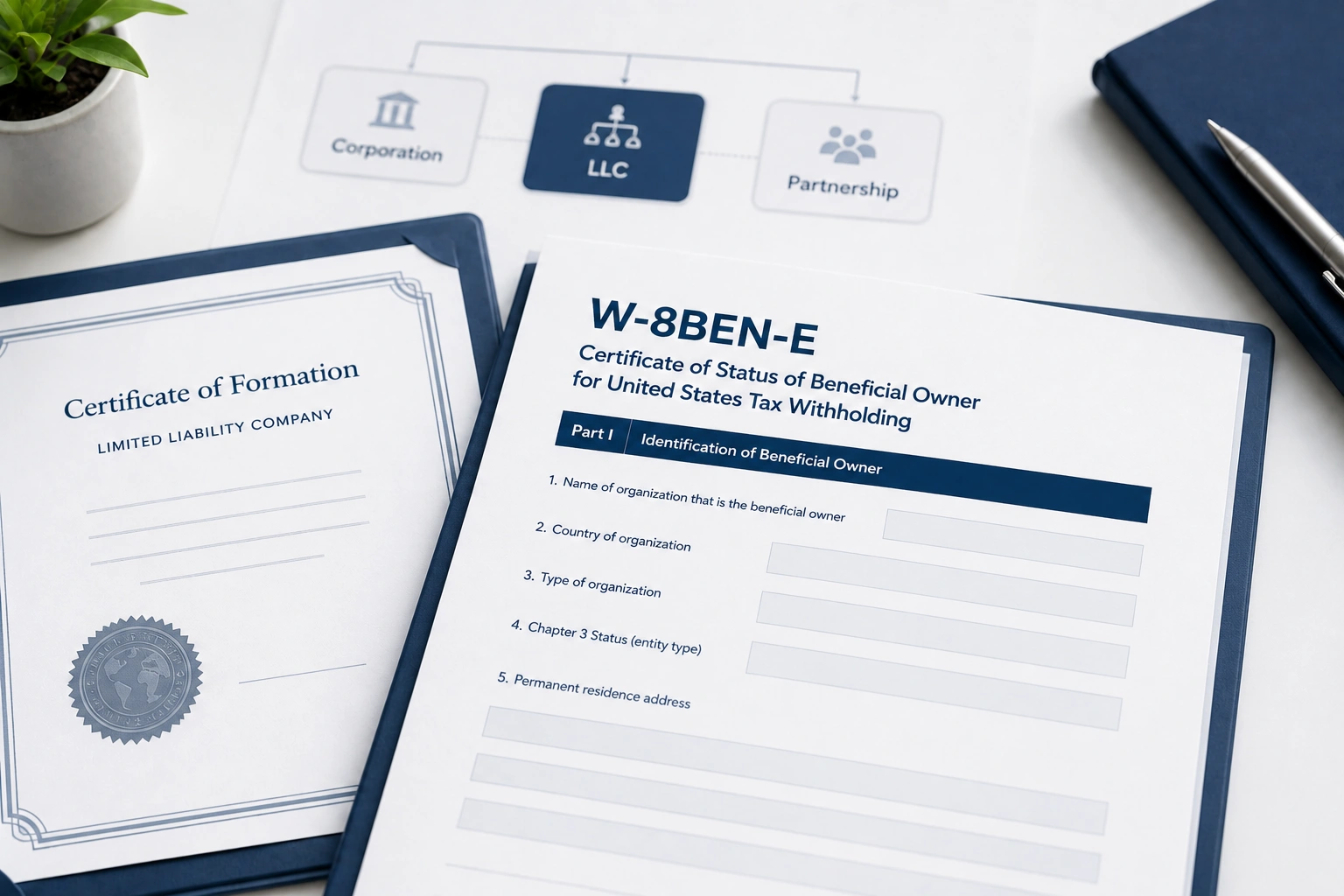 Propietario de LLC extranjera revisando la clasificación de entidad W-8BEN-E en la Parte I Línea 4 con documentos de constitución