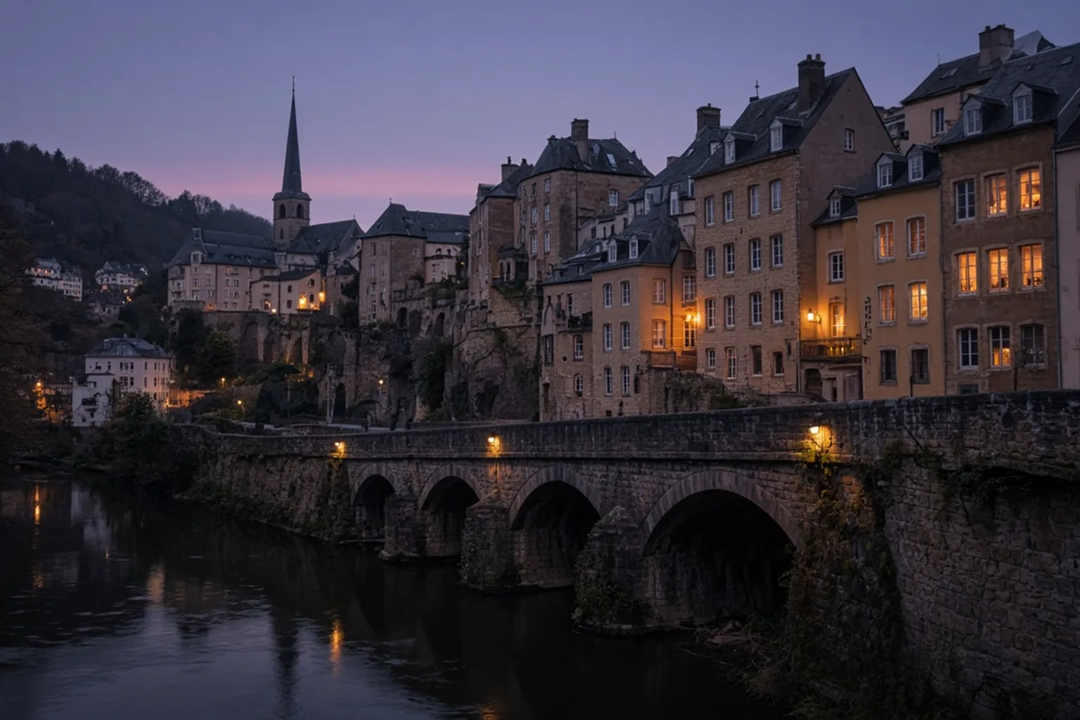 Luxembourg old town and the Alzette at dusk, no people, no readable text