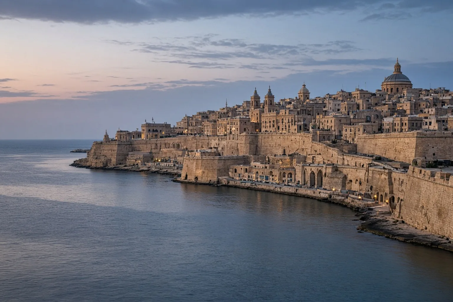 Valletta harbour and the fortifications at dusk, no people, no readable text