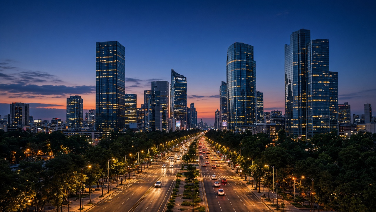 Paseo de la Reforma en Ciudad de México al anochecer, sin texto legible